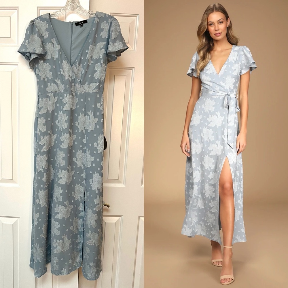 NWT Lulu’s Blue Jacquard Short Sleeve Faux Wrap Maxi Dress Size M